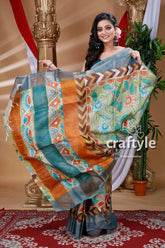 Olive green hand painted zari pure tussar kalamkari sari colorful patterned saree 3