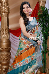 Olive green hand painted zari pure tussar kalamkari sari woman patterned saree 2