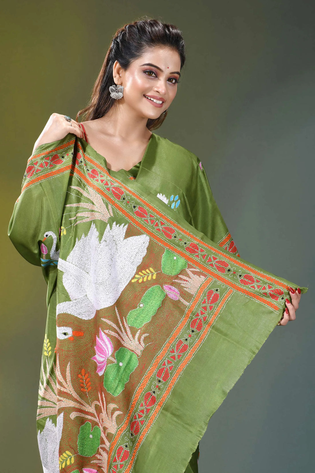 Olive green swan motif handcrafted silk kantha saree vibrant olive green embroidered dupatta 2