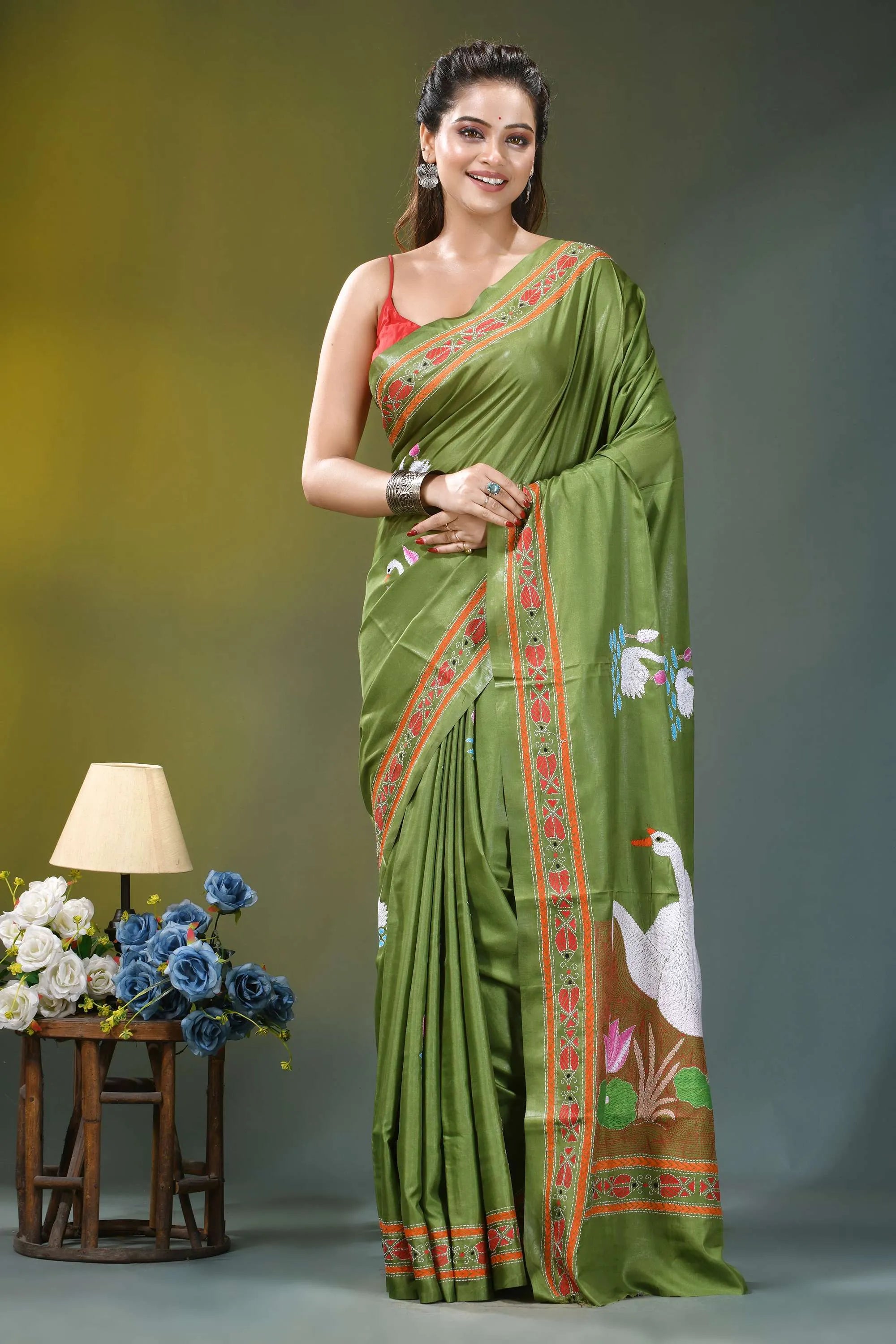 Olive green swan motif handcrafted silk kantha saree vibrant olive green silk saree 6