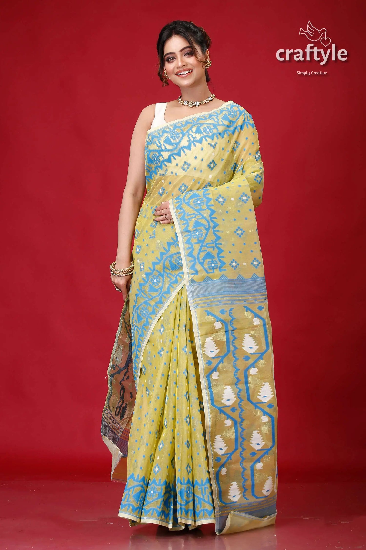 Olive green timeless jamdani saree woman yellow blue saree 4