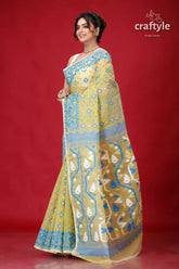 Olive green timeless jamdani saree woman yellow blue saree 3
