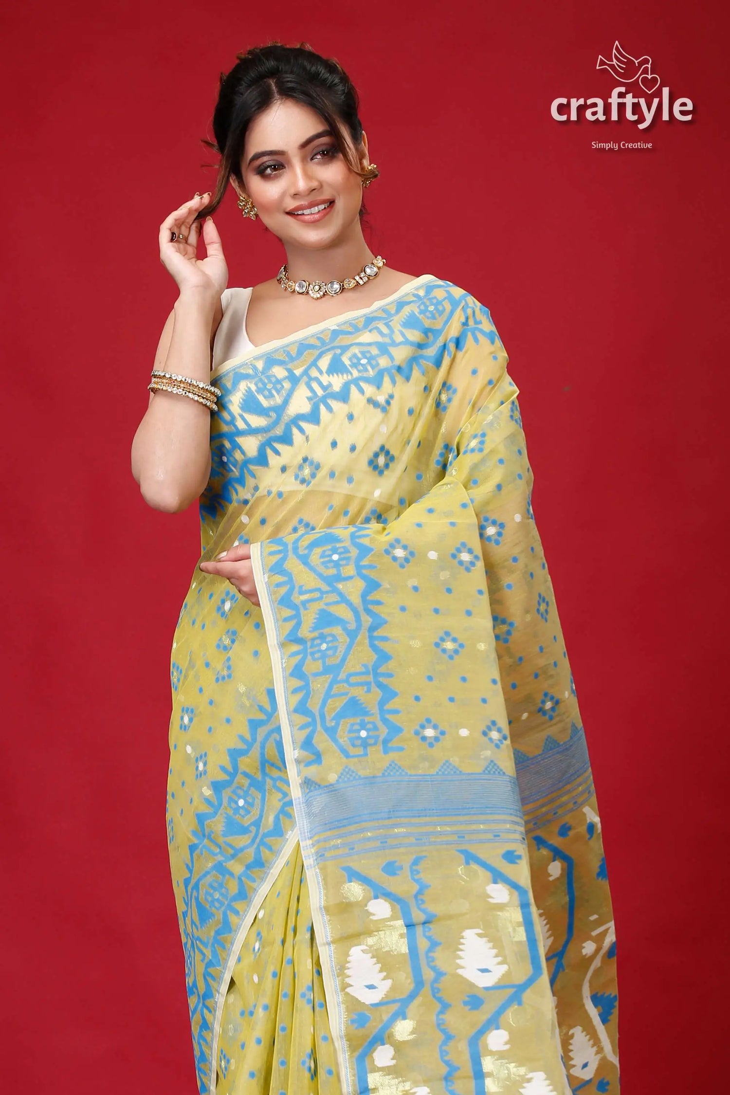 Olive green timeless jamdani saree woman yellow blue patterned saree 2