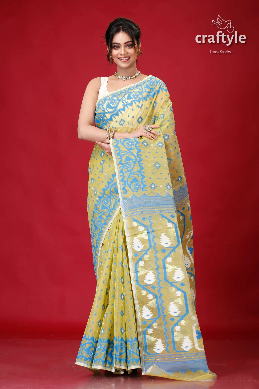 Olive green timeless jamdani saree woman light blue 1
