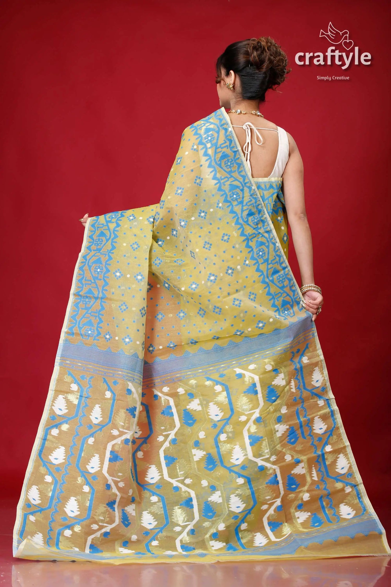 Olive green timeless jamdani saree yellow blue patterned saree 5