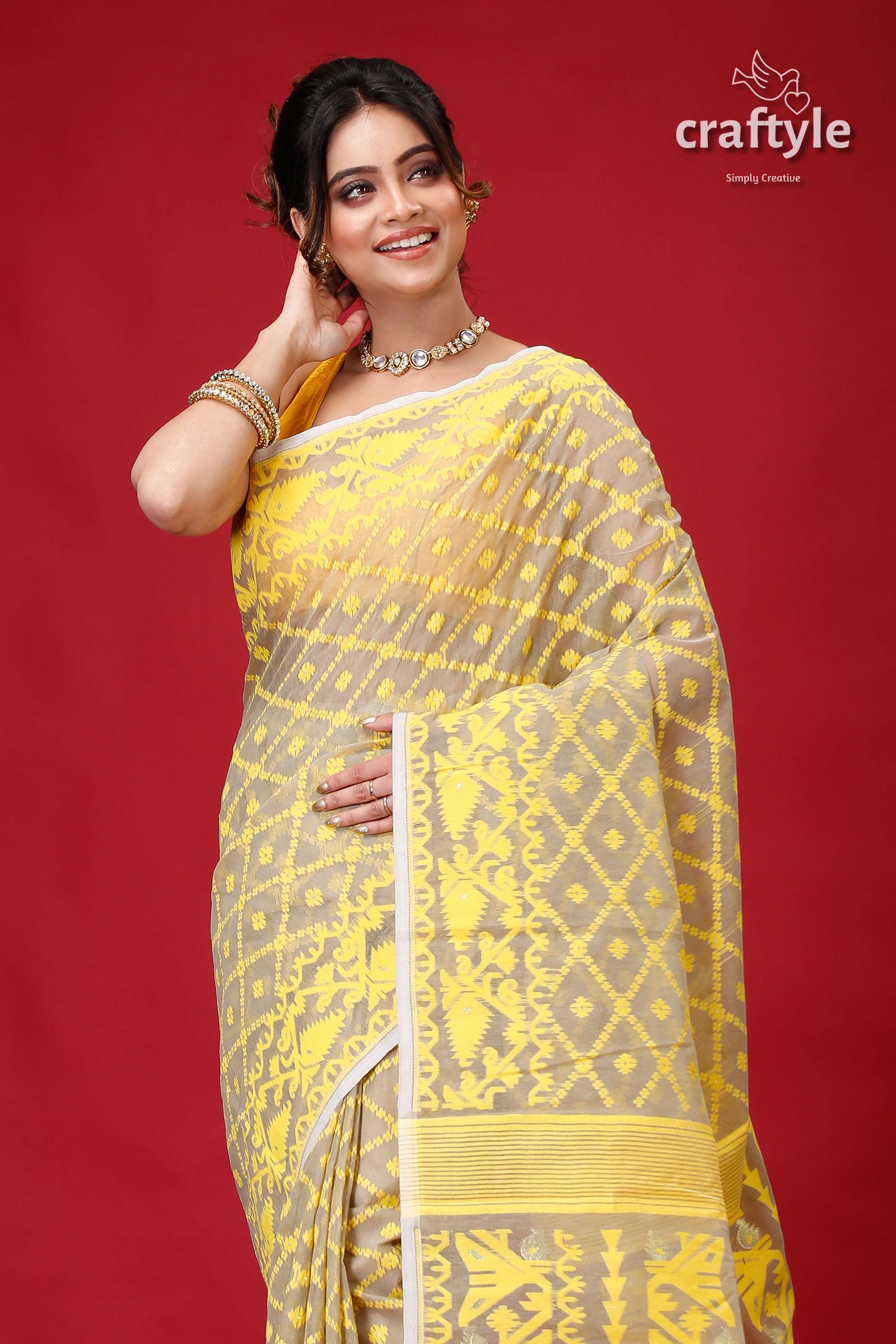 Olive Grey Jamdani Weave Saree-Craftyle