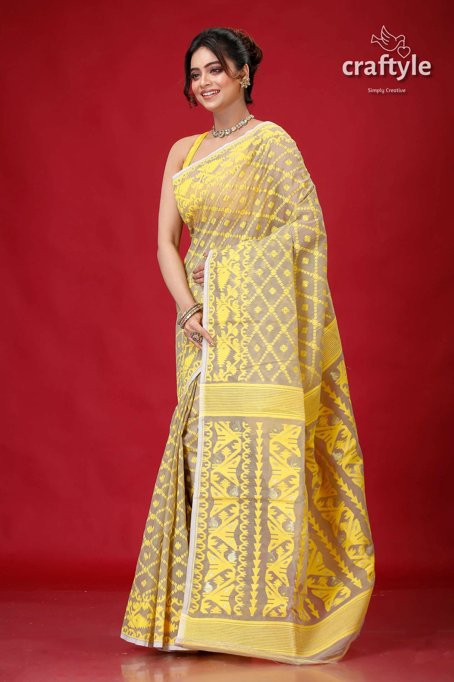 Olive grey jamdani weave saree woman yellow gray saree 3
