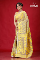 Olive grey jamdani weave saree woman yellow gray saree 3
