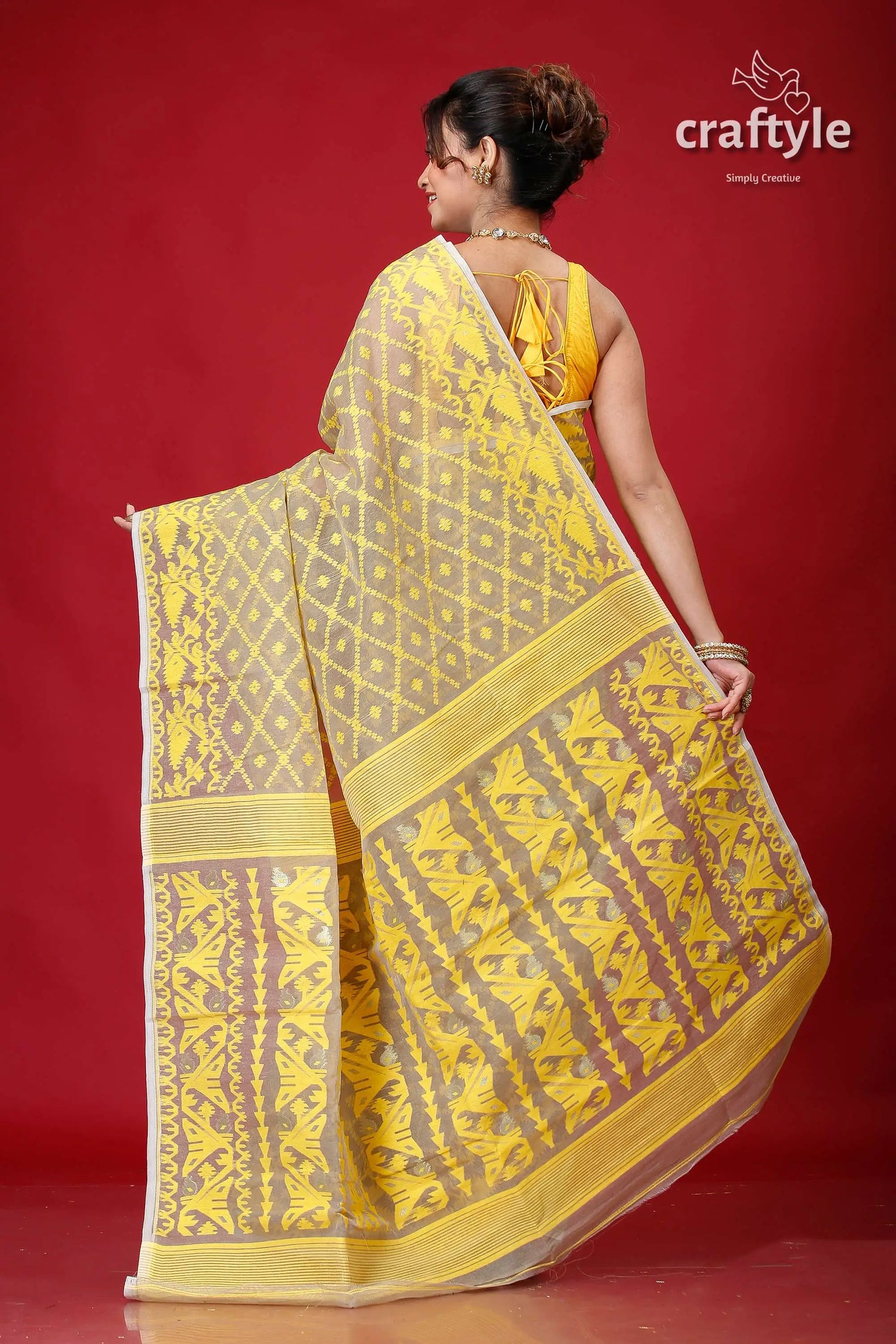 Olive grey jamdani weave saree yellow gray patterned saree 5