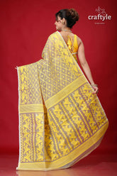 Olive grey jamdani weave saree yellow gray patterned saree 5