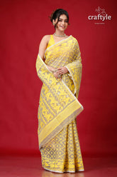 Olive grey jamdani weave saree yellow gray patterned saree 4