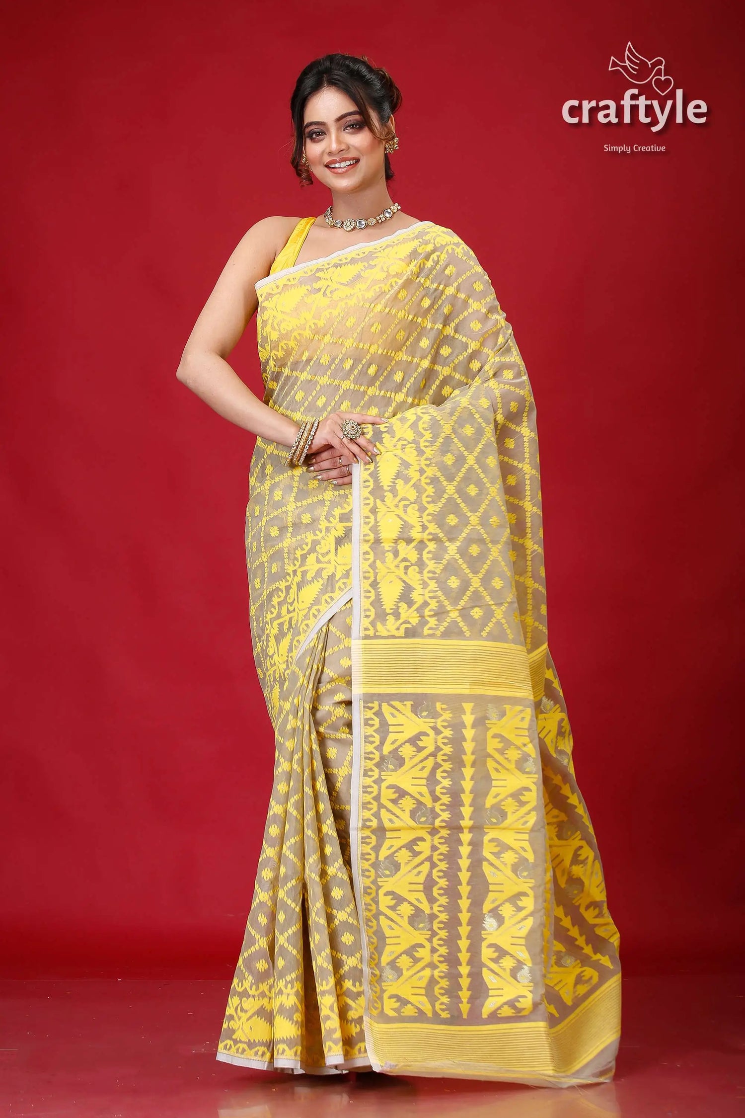 Olive grey jamdani weave saree yellow gray patterned saree 1