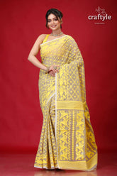 Olive grey jamdani weave saree yellow gray patterned saree 1