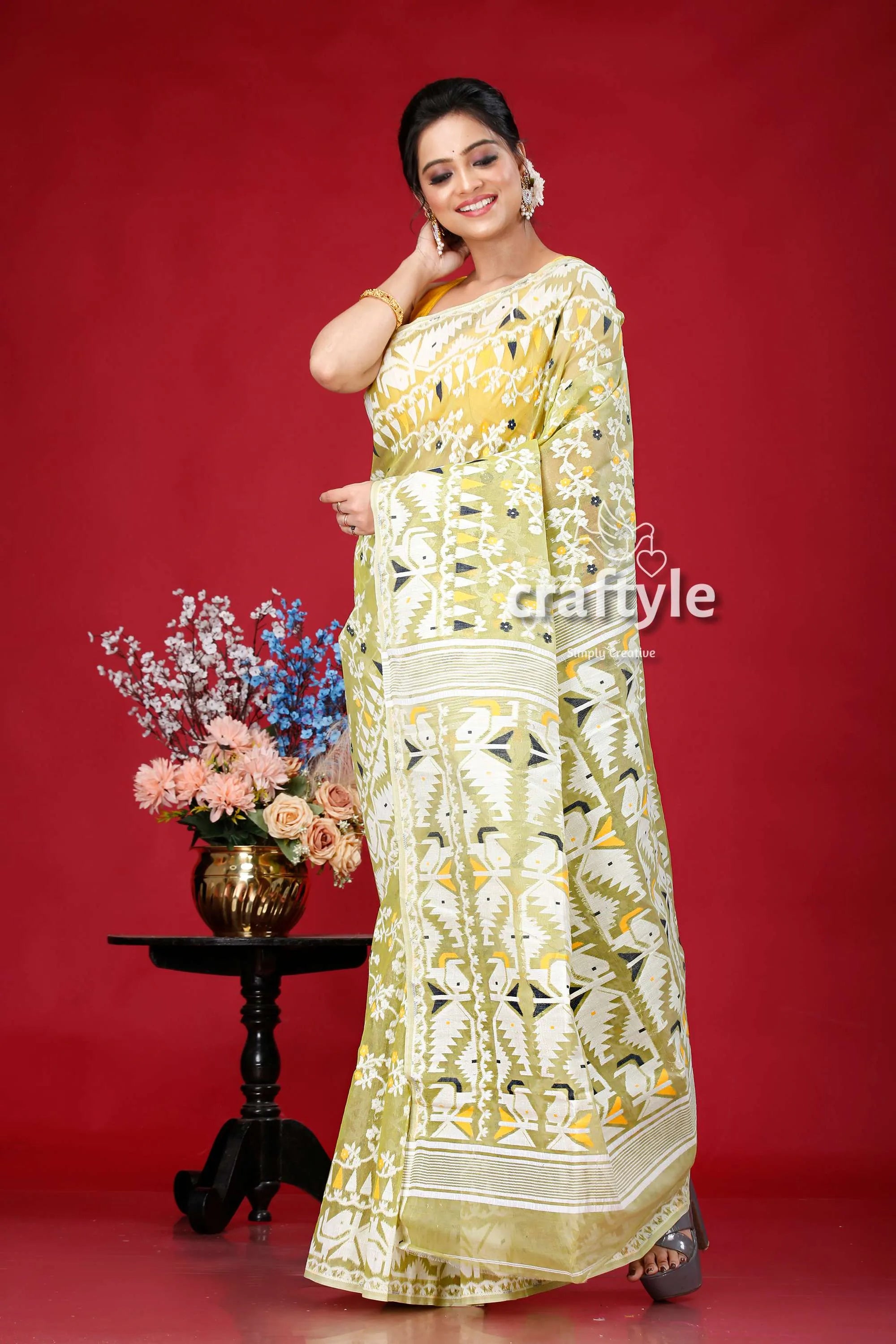 Olivine-white elegant jamdani saree for women woman patterned 4