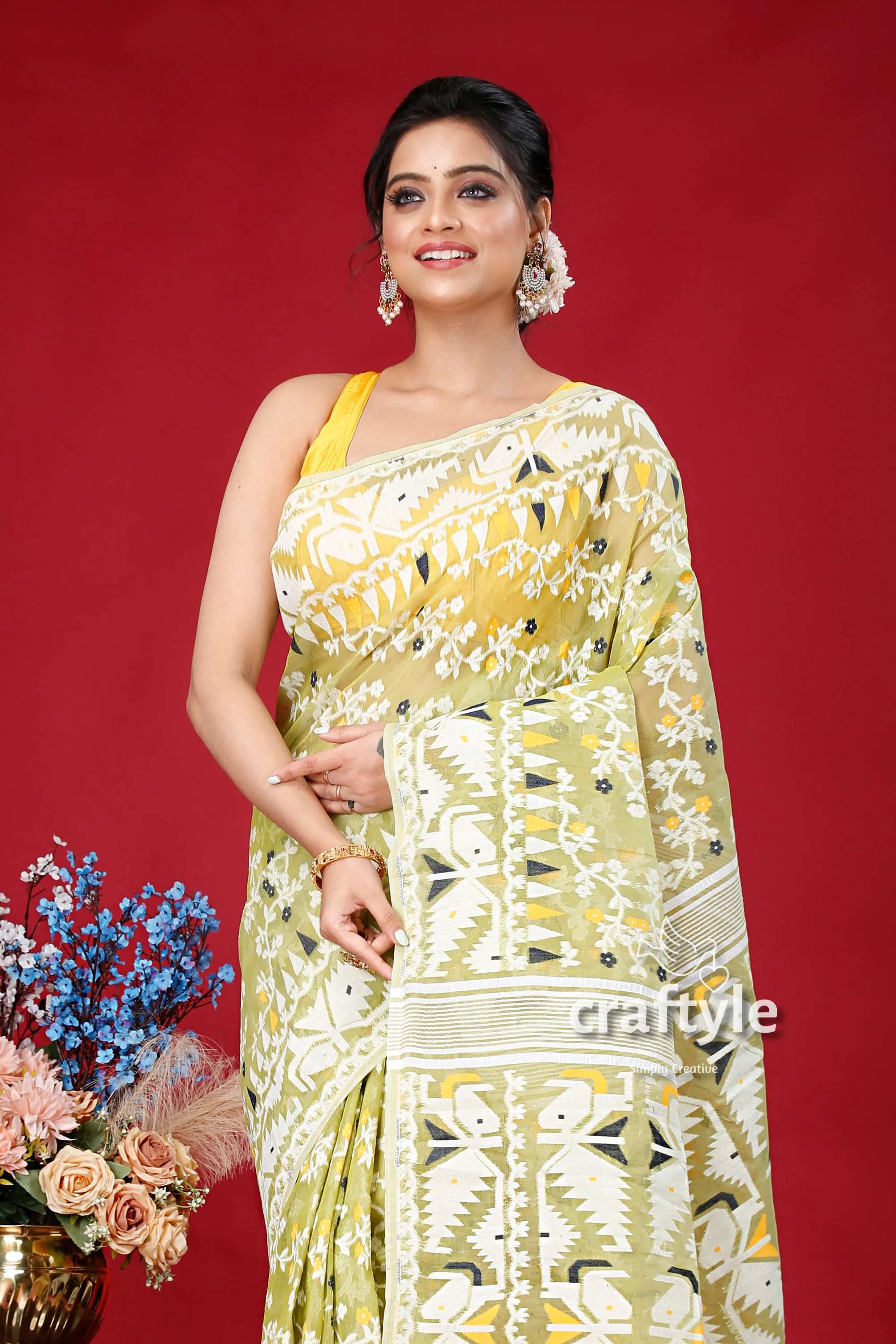 Olivine-white elegant jamdani saree for women woman yellow white patterned 2