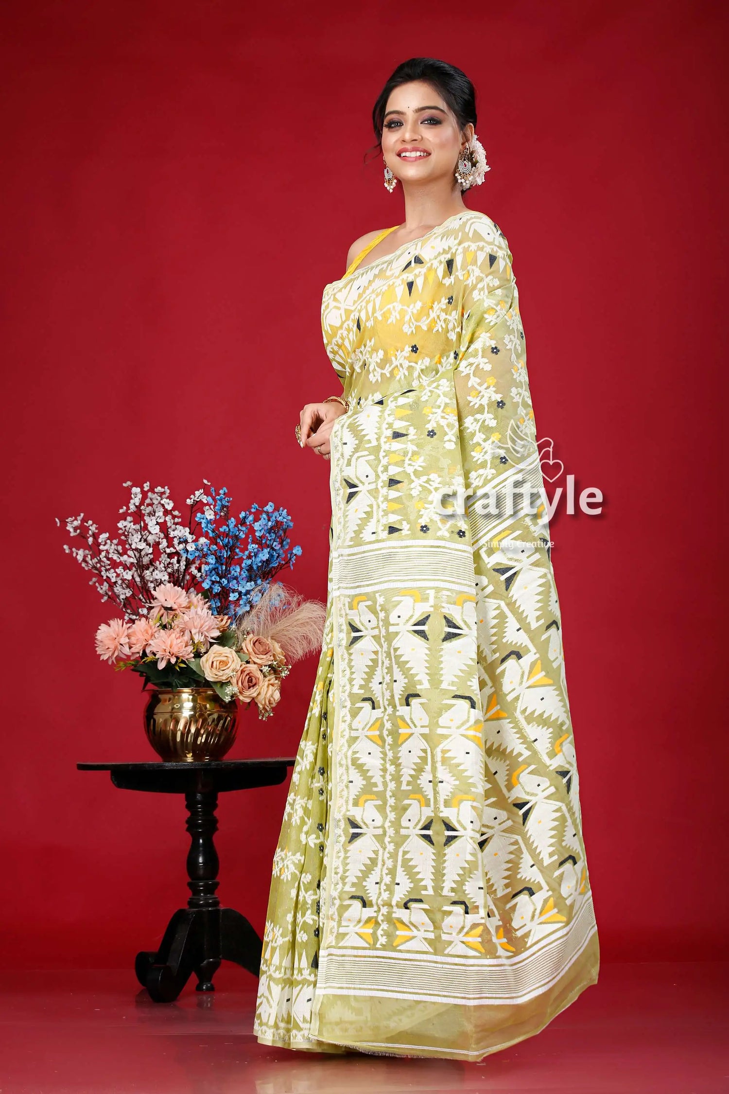 Olivine-white elegant jamdani saree for women woman light green white patterned 3