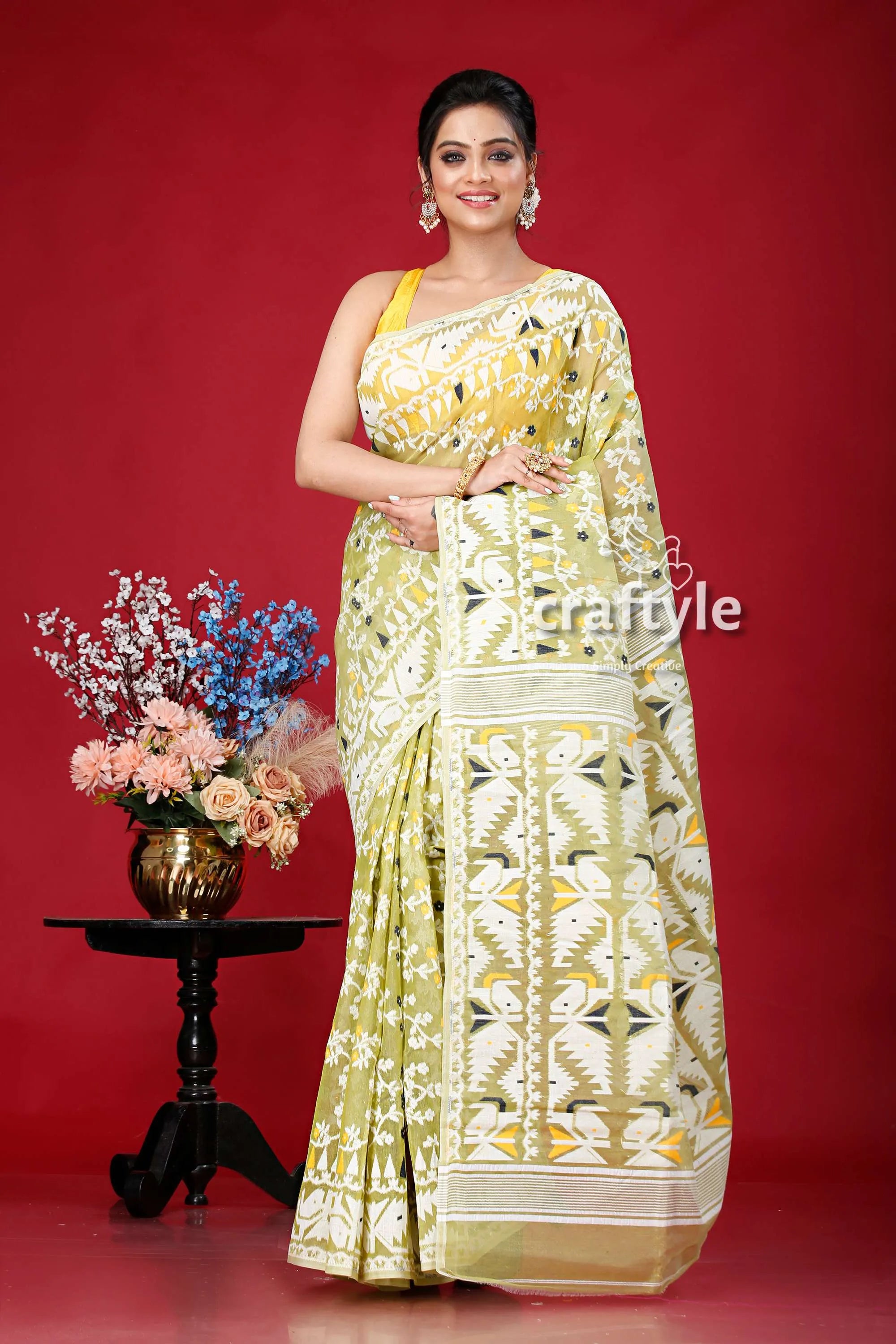 Olivine-white elegant jamdani saree for women woman patterned 1