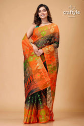 Onyx black and orange jamdani saree for women woman orange green patterned saree 4