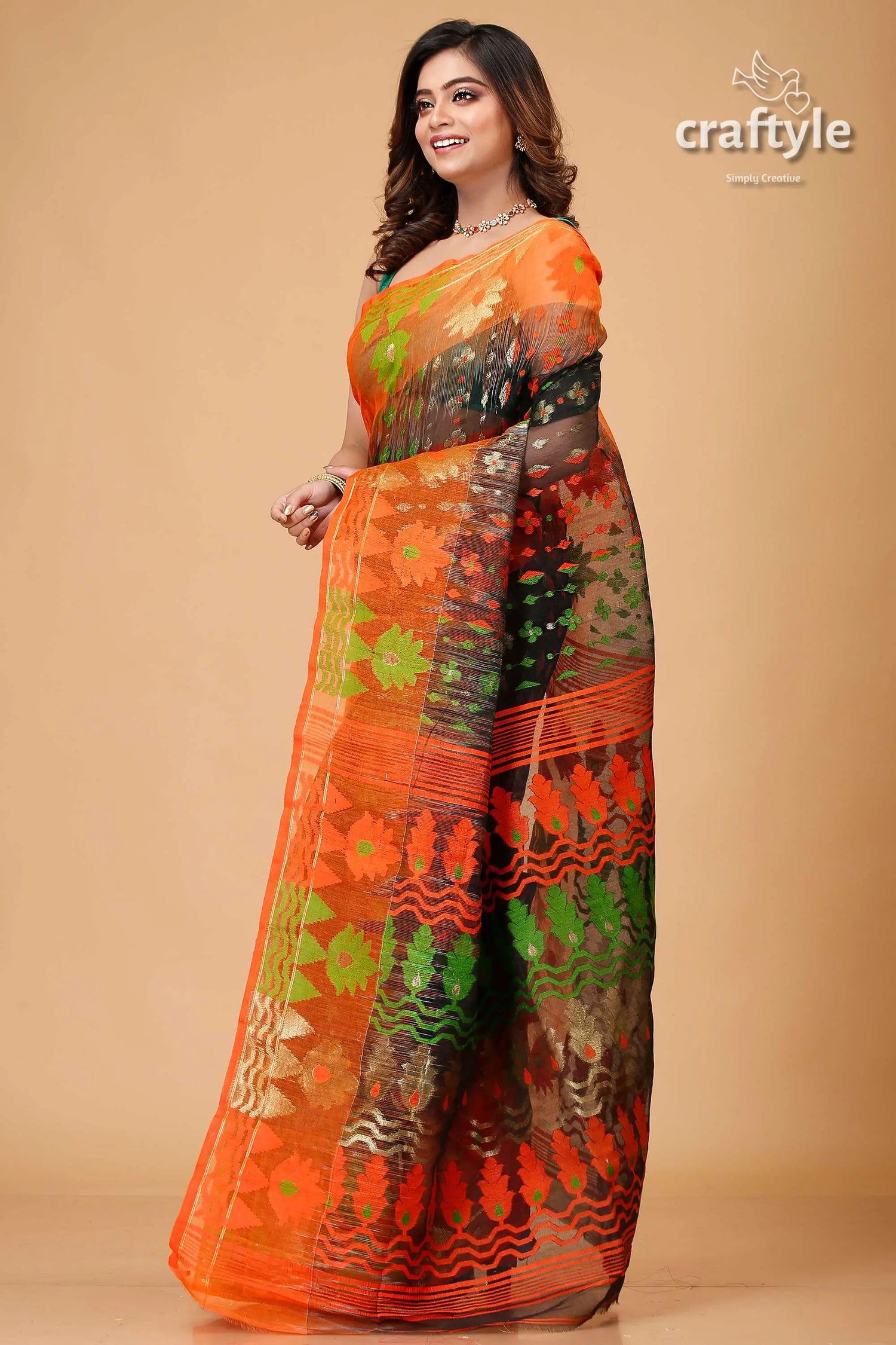 Onyx black and orange jamdani saree for women orange green patterned saree 3