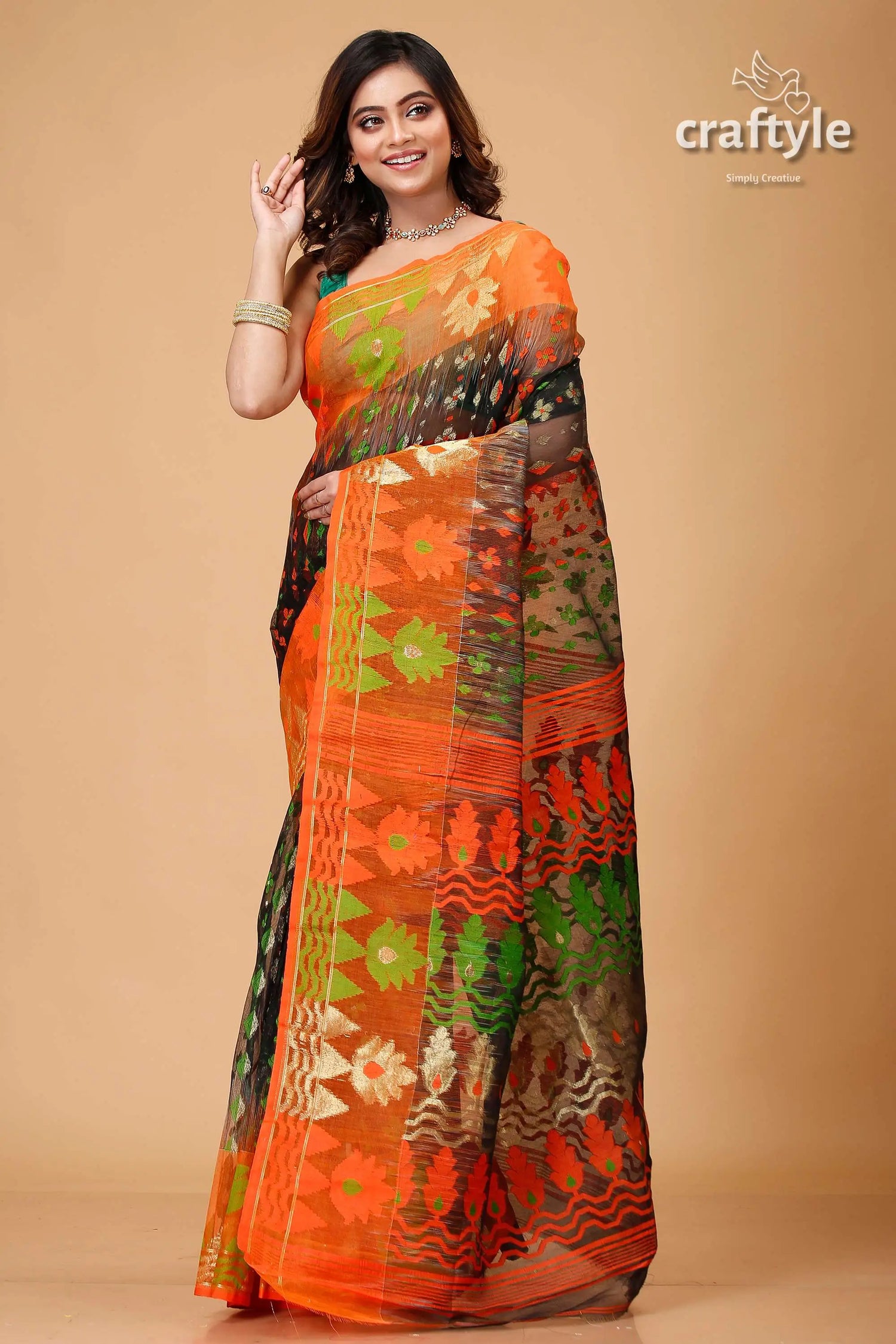 Onyx black and orange jamdani saree for women orange black patterned saree 1