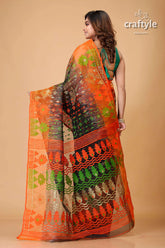 Onyx black and orange jamdani saree for women orange green patterned saree 5
