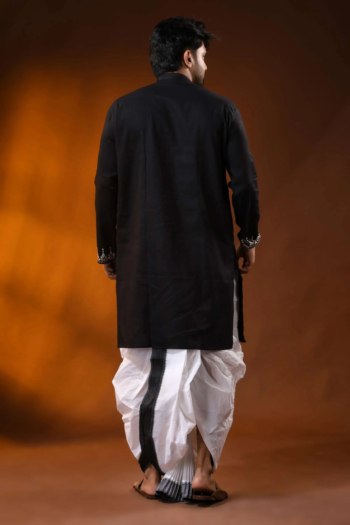Onyx black designer cotton panjabi for men with beige geometric kantha work 5