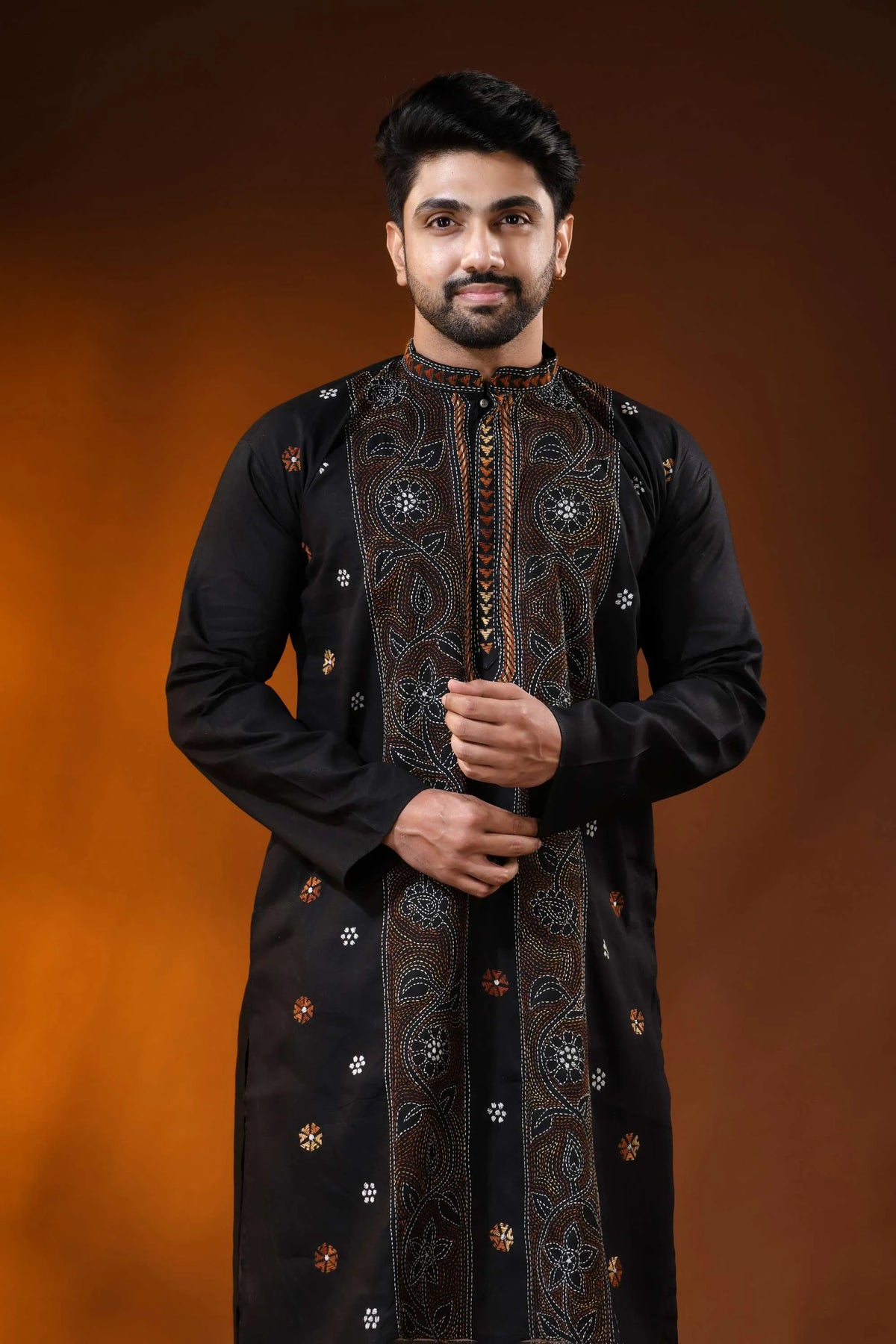 Onyx black kantha stitch pure cotton punjabi for men - hand embroidery 2