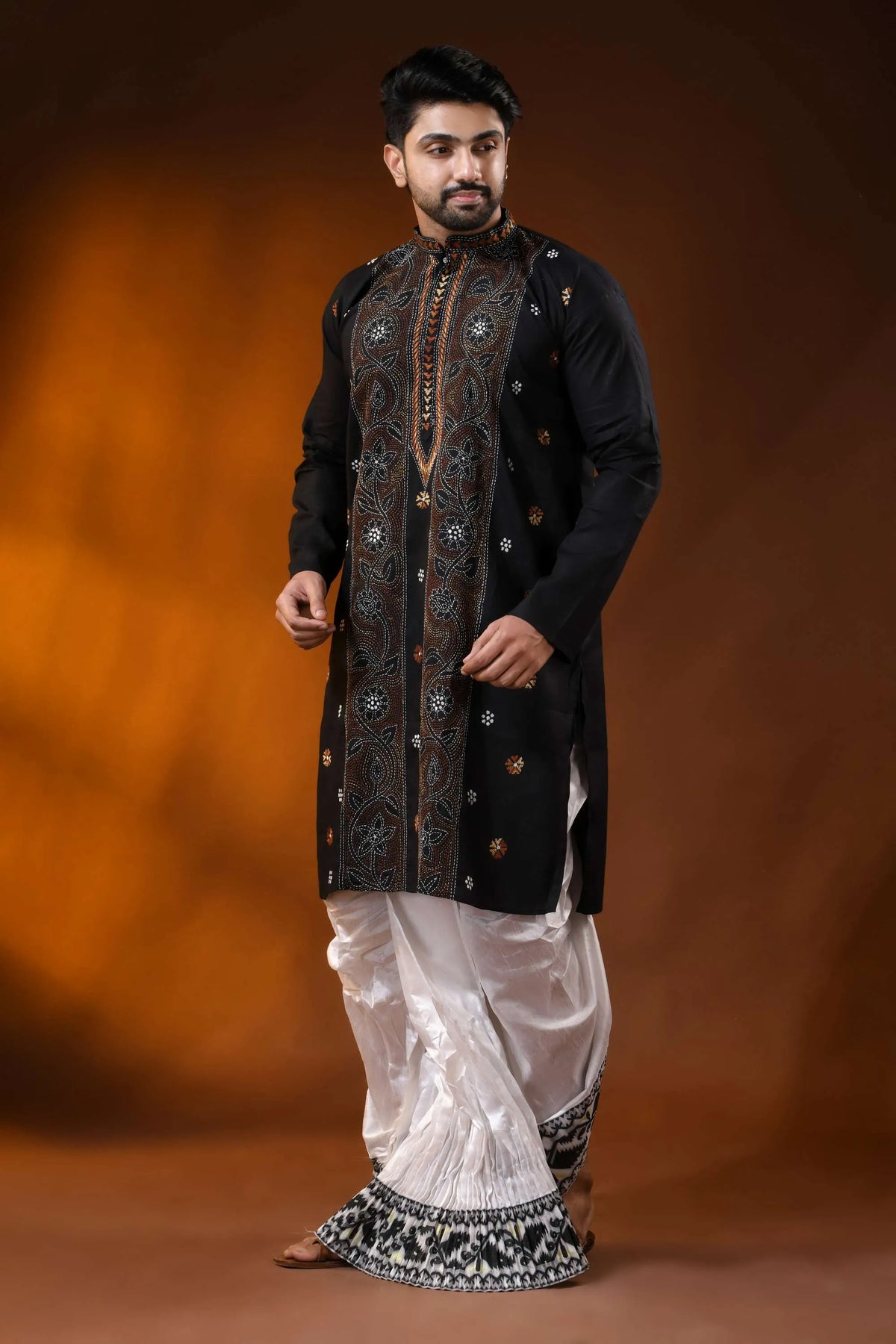 Onyx black kantha stitch pure cotton punjabi for men - hand embroidery 3