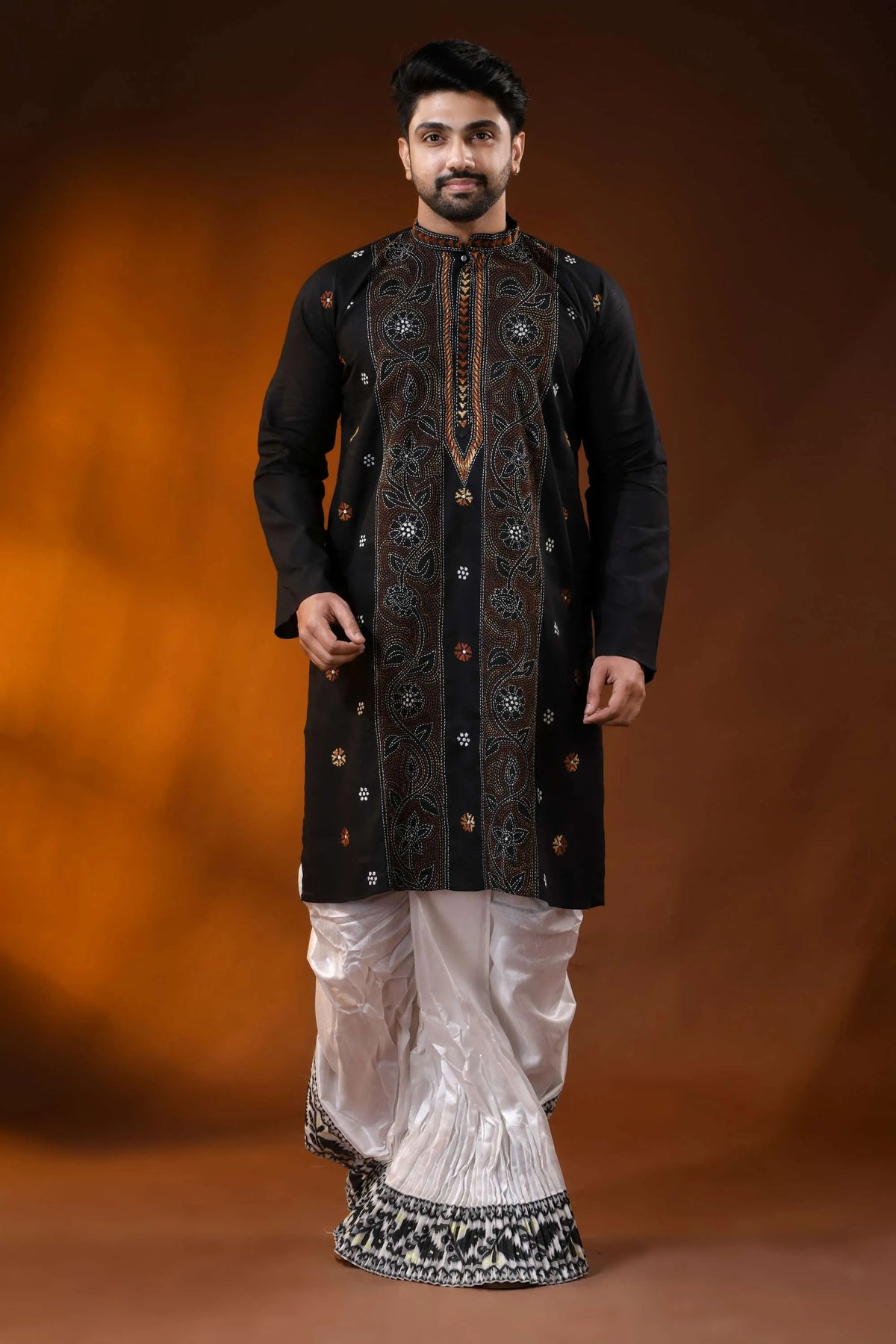 Onyx black kantha stitch pure cotton punjabi for men - hand embroidery 1
