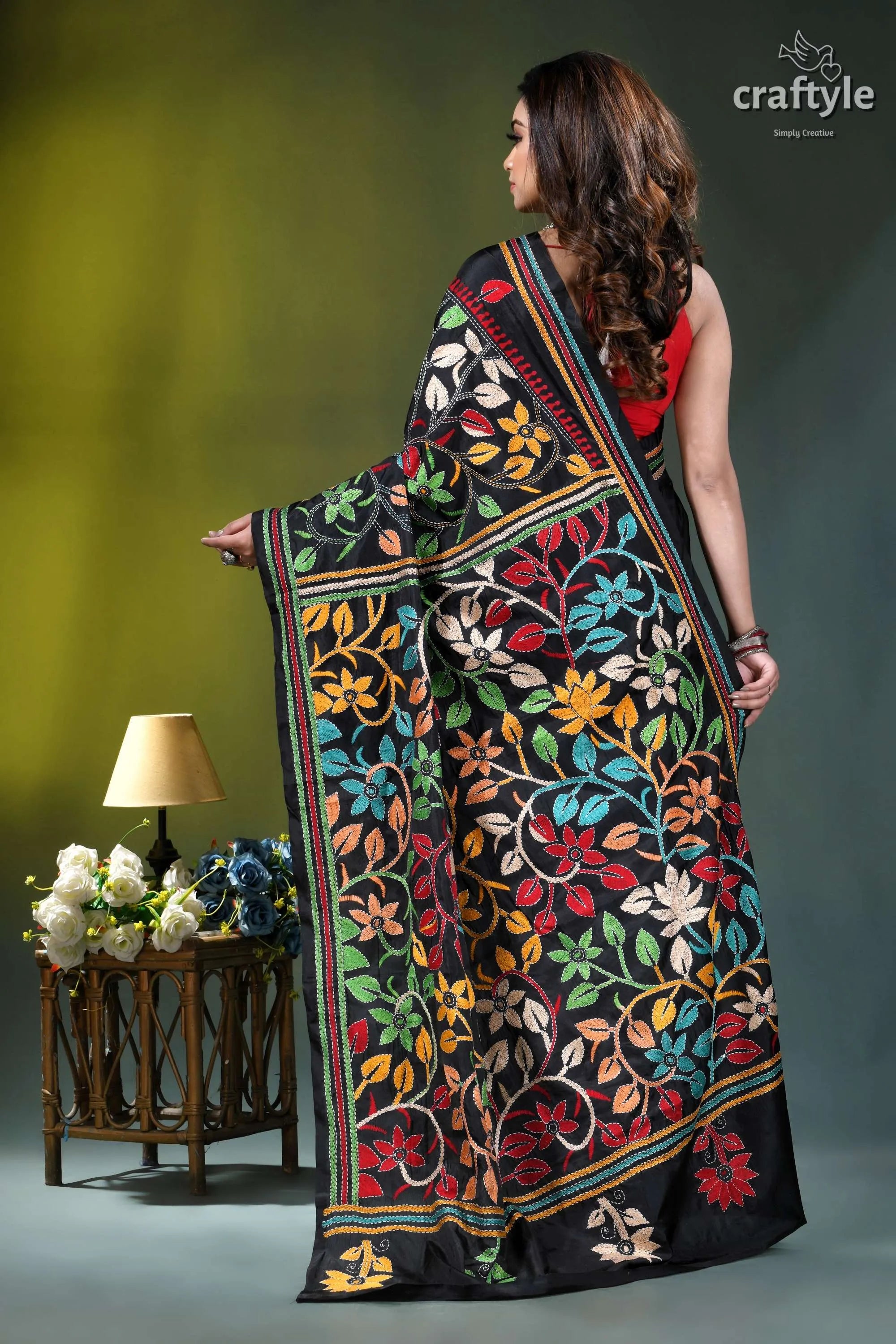 Onyx black multi-thread floral handmade silk kantha stitch saree black embroidered saree vibrant floral 6