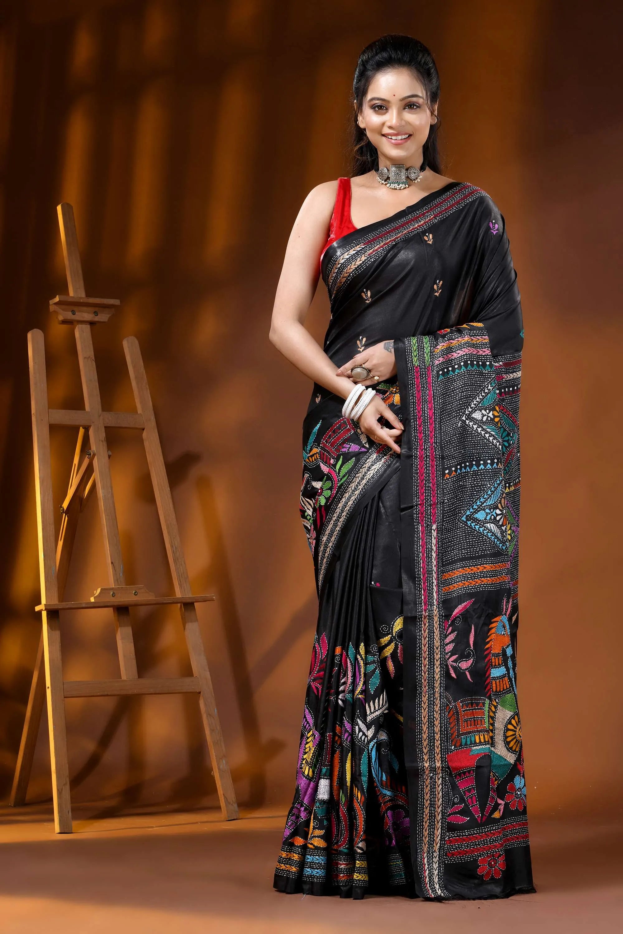 Onyx black multi-thread majestic horsel motif silk kantha saree 1