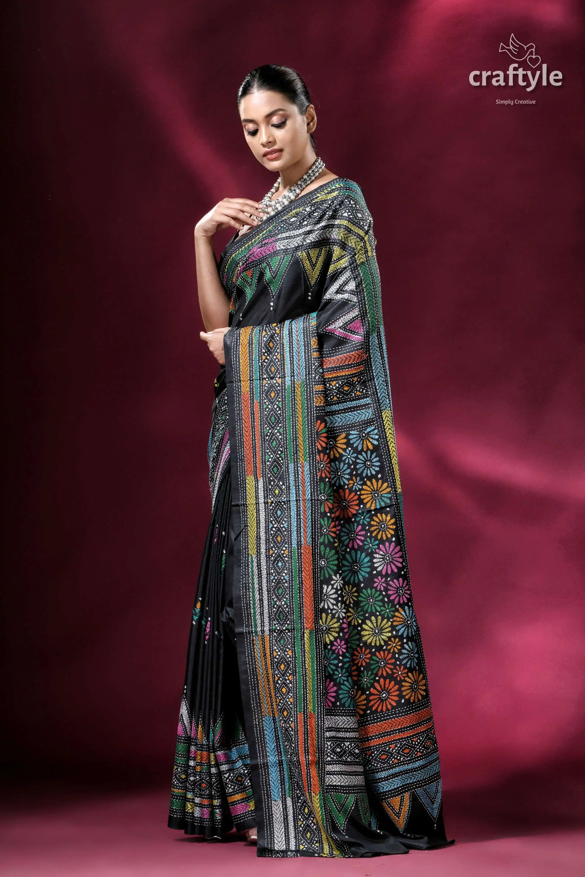 Onyx black multicolor kantha embroidered silk saree intricately patterned black saree 3