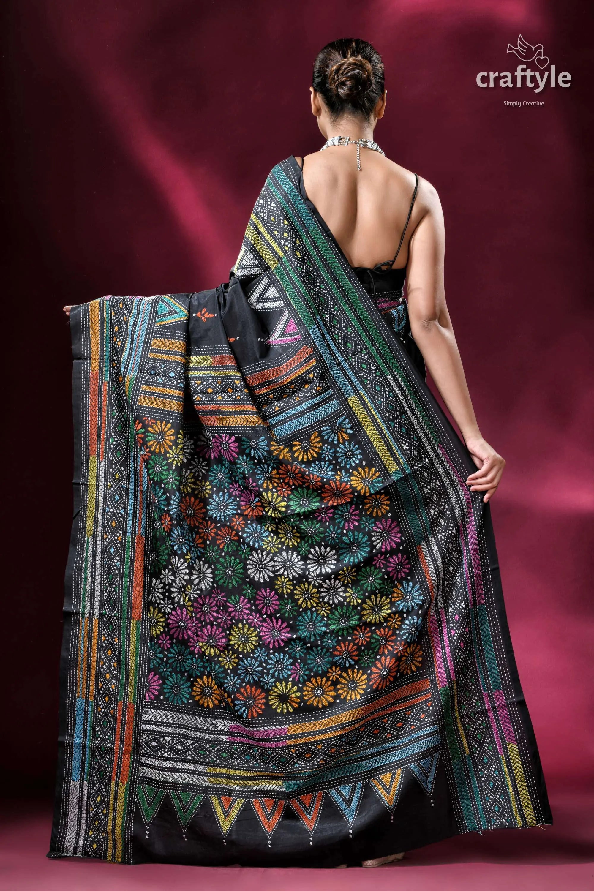 Onyx black multicolor kantha embroidered silk saree black saree colorful floral geometric 4