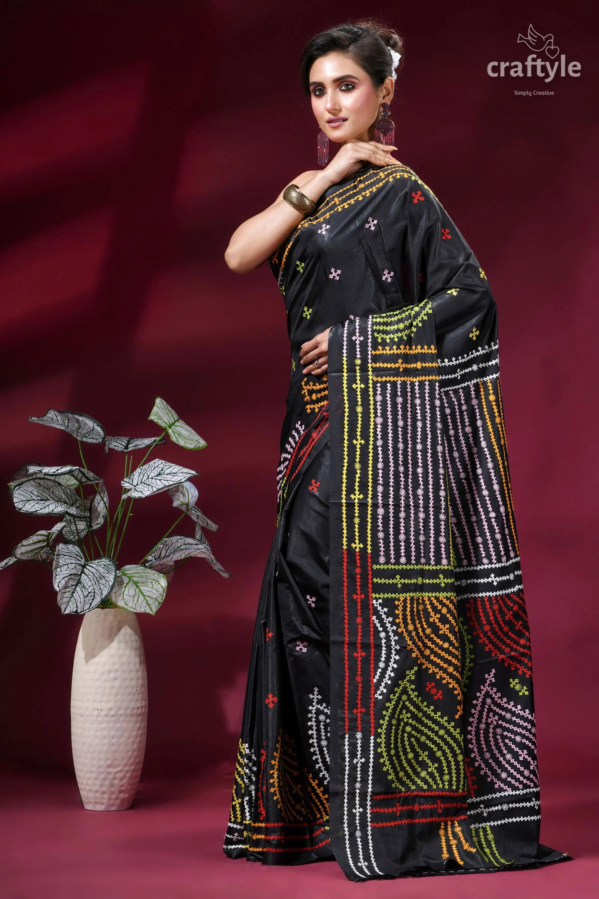 Onyx black multicolor thread hand gujrati stitch silk saree - mirror work black silk saree adorned intricate 3