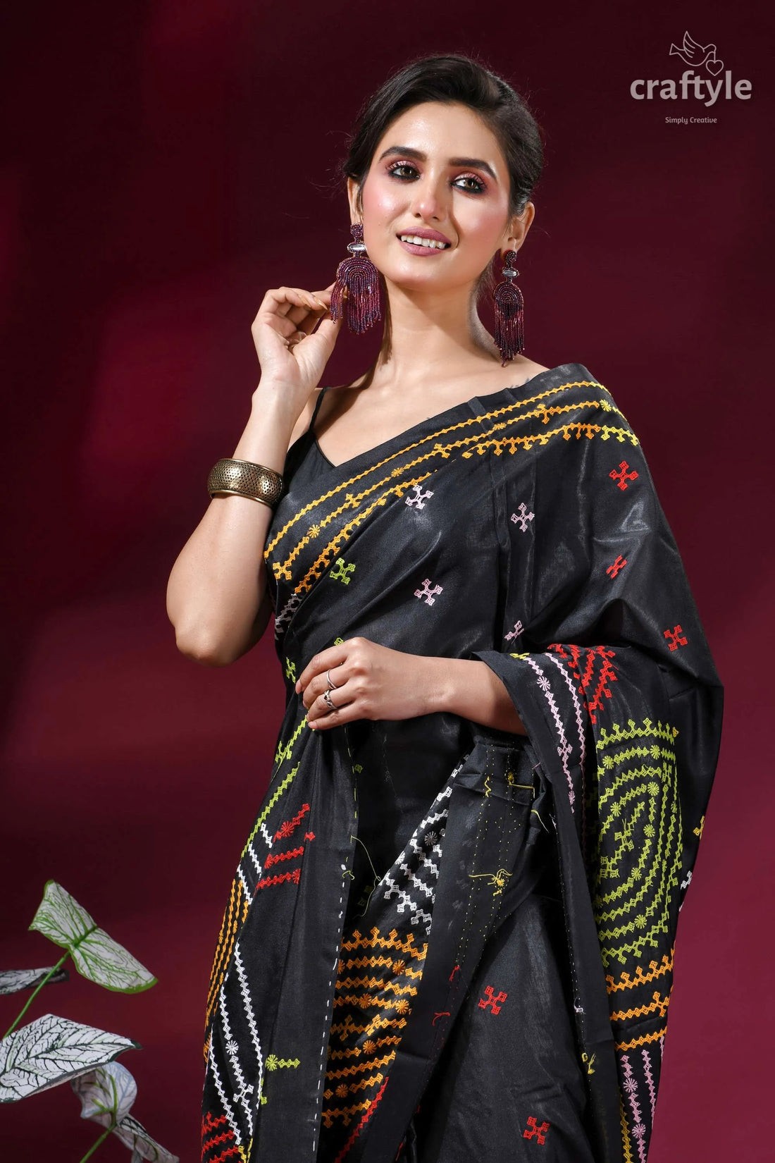 Onyx black multicolor thread hand gujrati stitch silk saree - mirror work black saree intricate multicolored embroidery