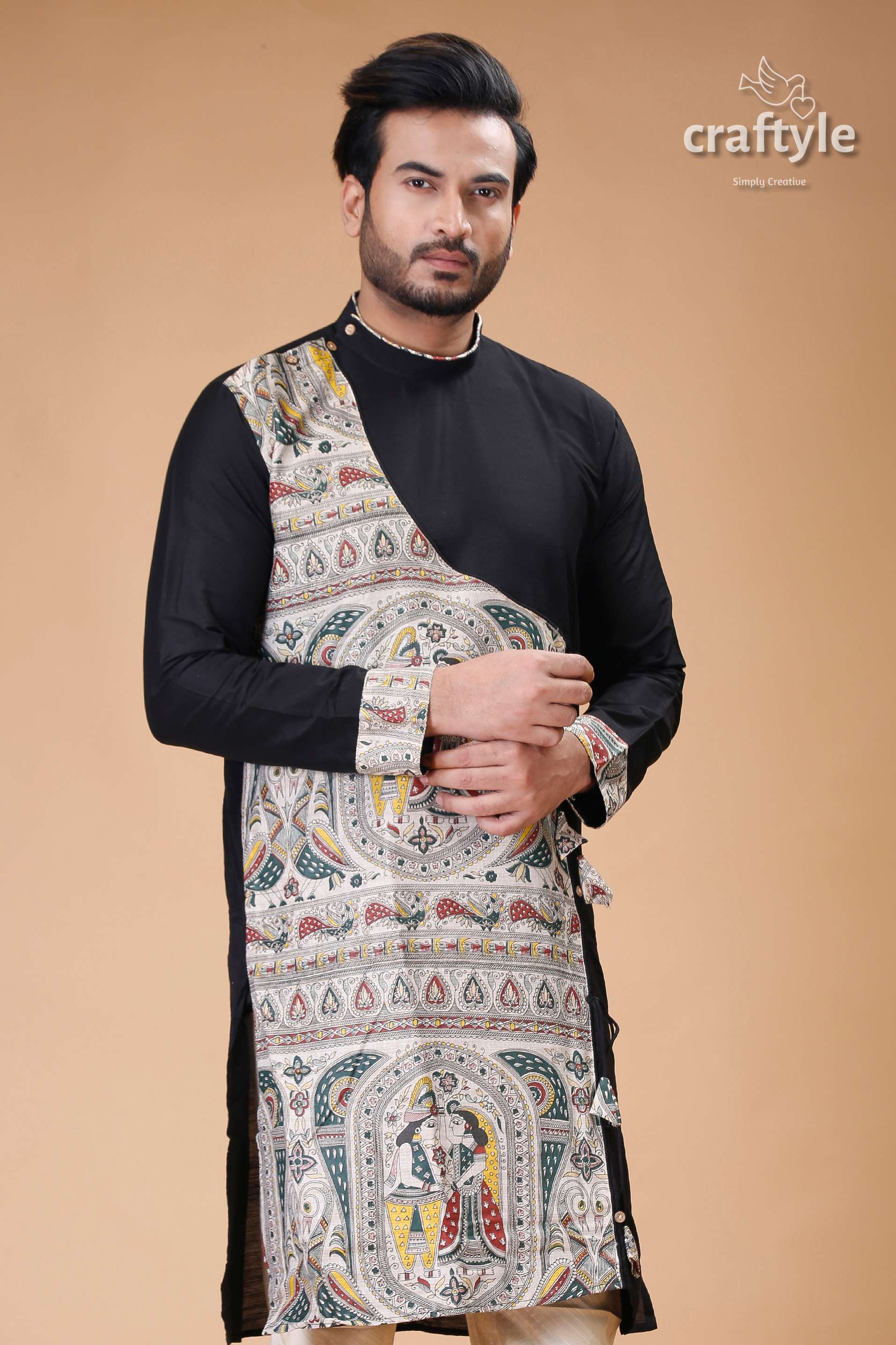 Onyx Black Silk Kurta for Men with Madhubani Art - Designer Ethnic Wear - Craftyle