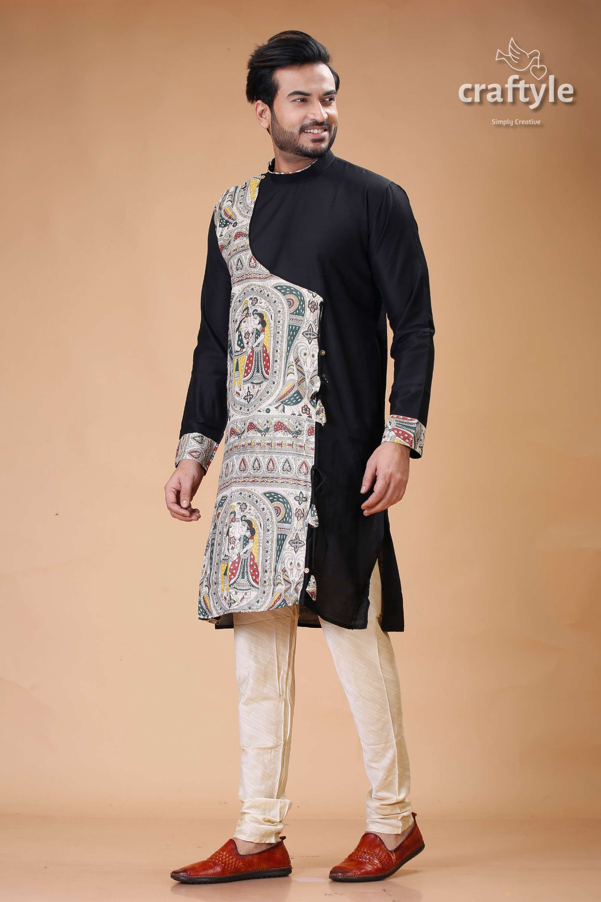 Onyx Black Silk Kurta for Men with Madhubani Art - Designer Ethnic Wear - Craftyle