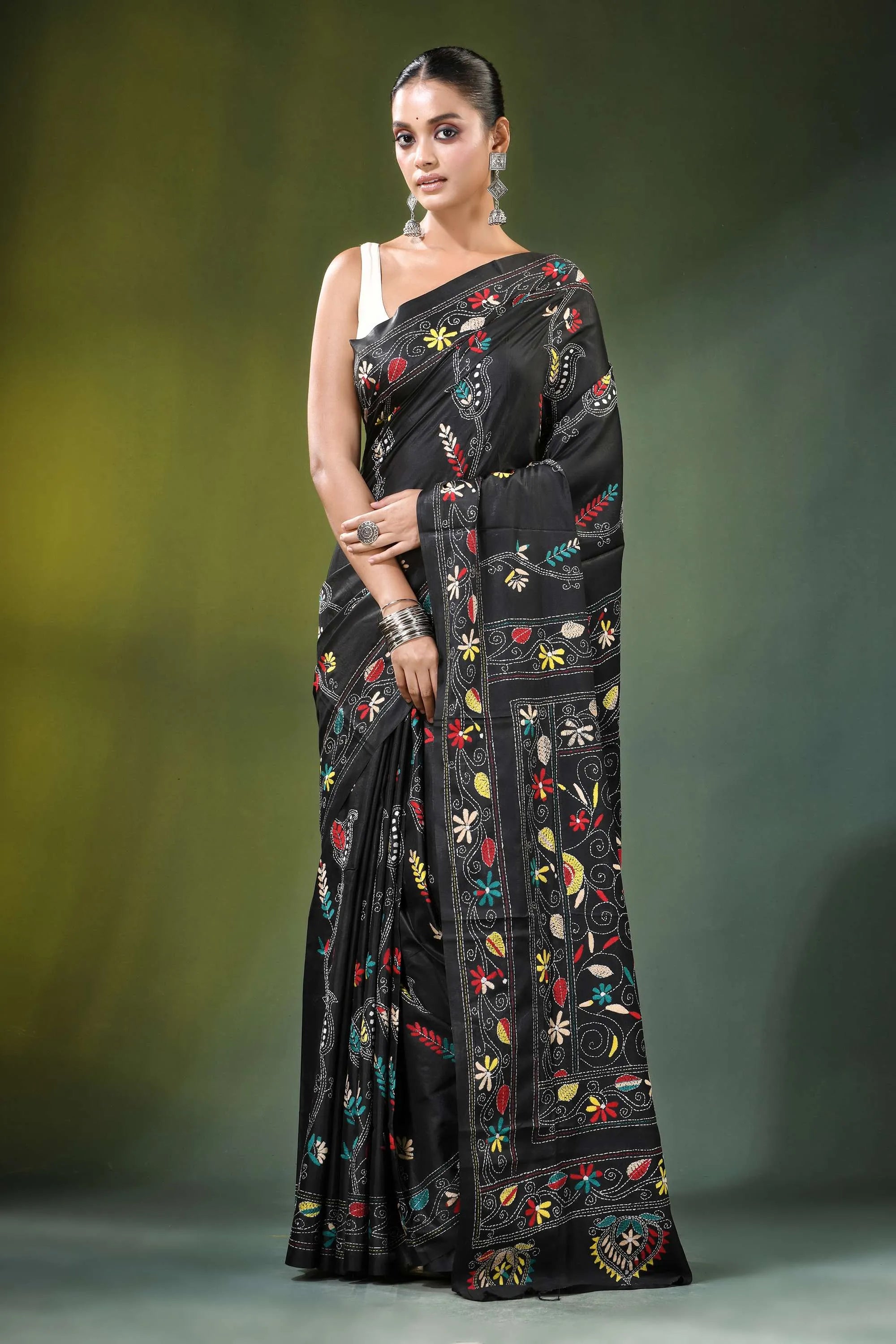 Onyx black swan design kantha embroidery silk saree adorned vibrant 1