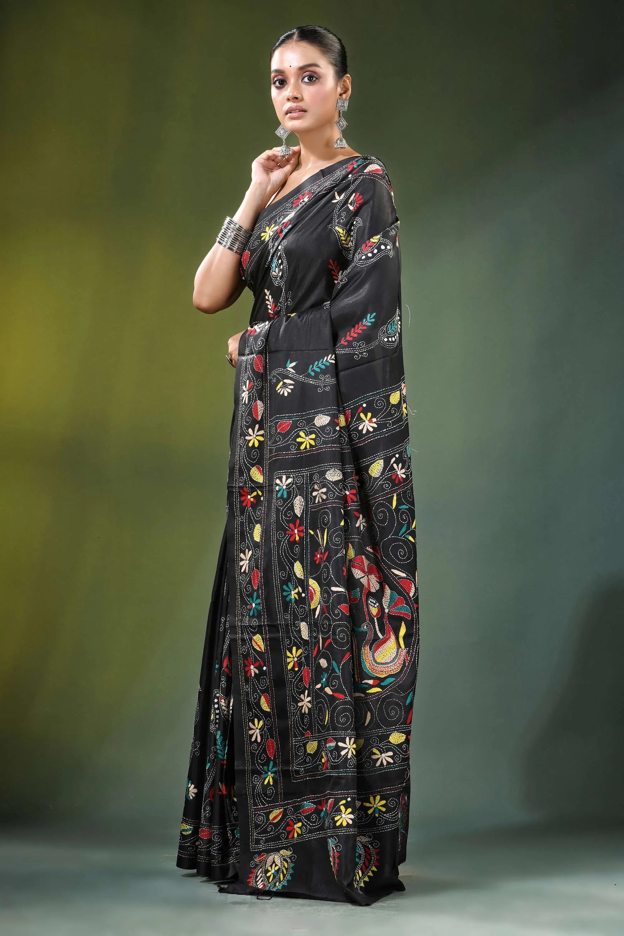 Onyx black swan design kantha embroidery silk saree intricate multicolored floral 3