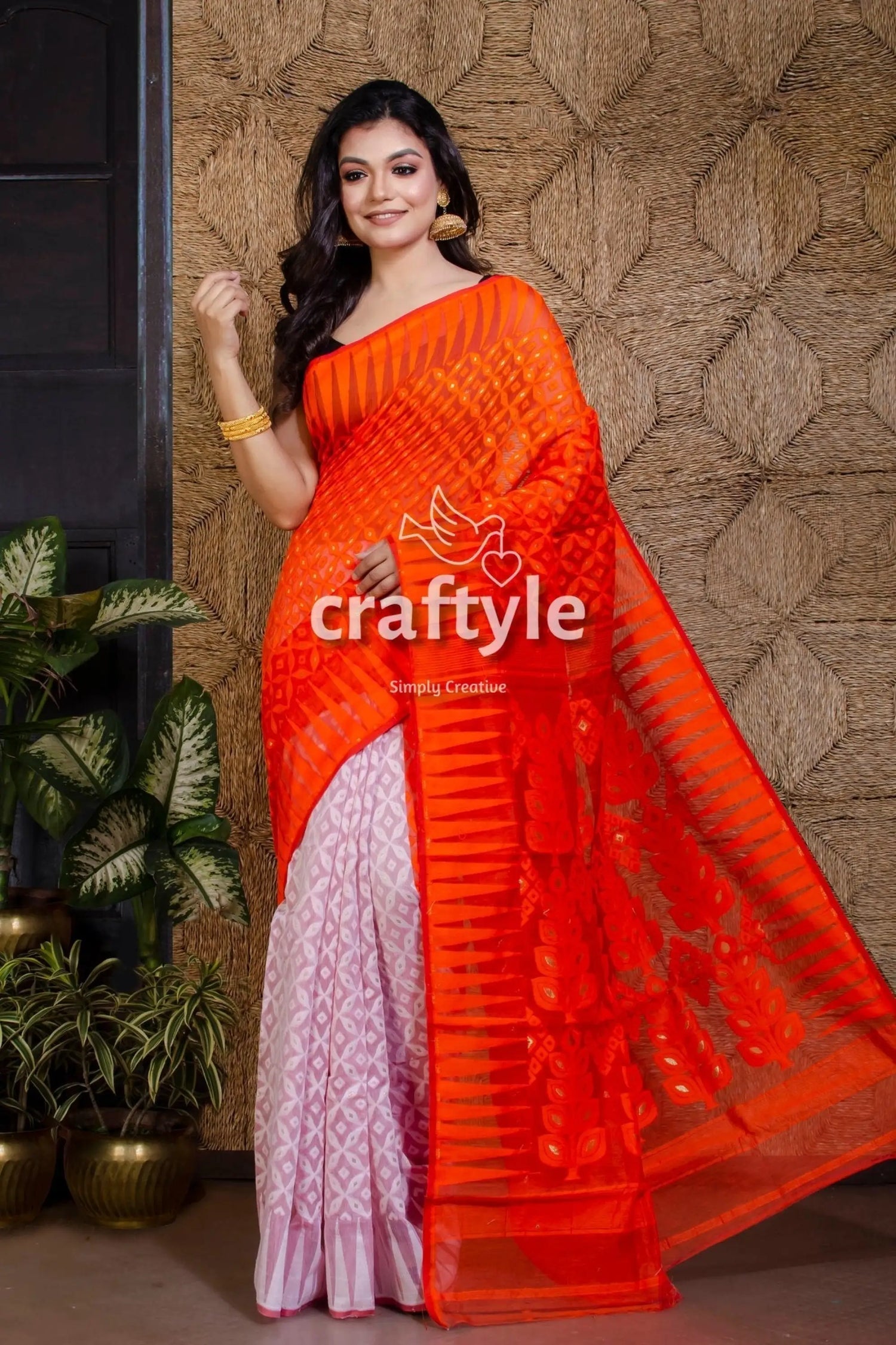 Orange and white minakari dhakai jamdani saree woman orange pink saree 3