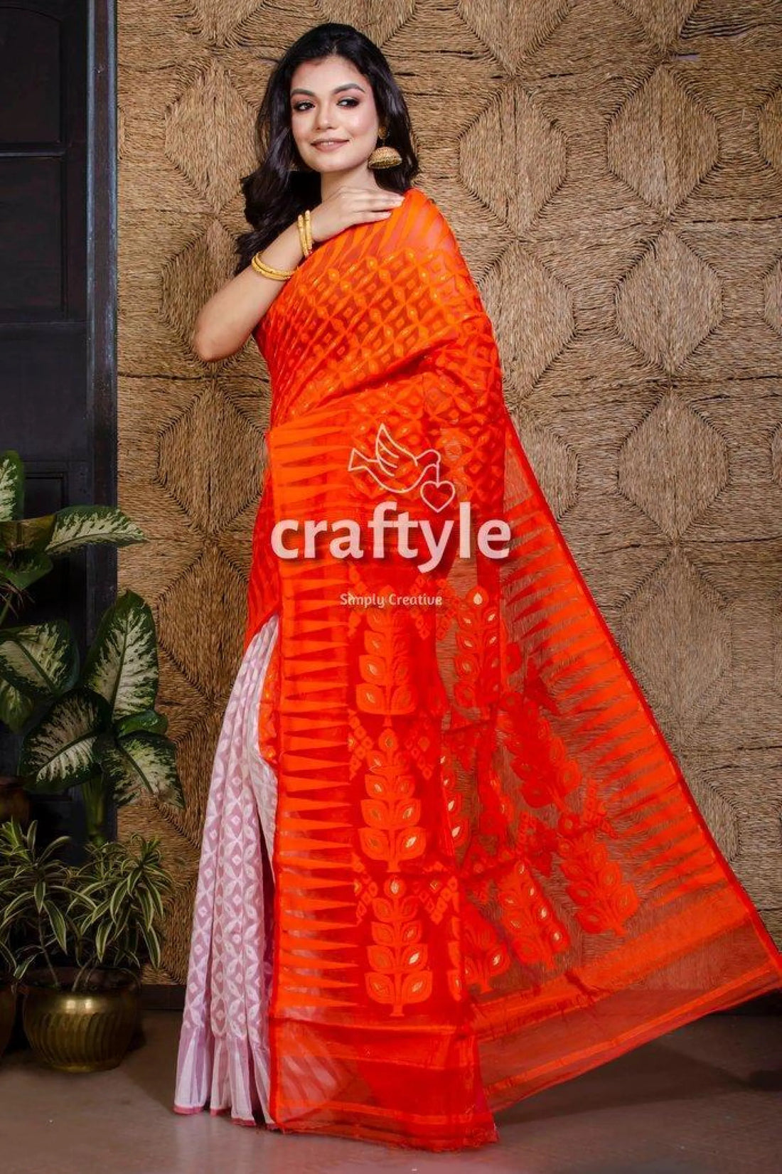 Orange and white minakari dhakai jamdani saree patterned 2