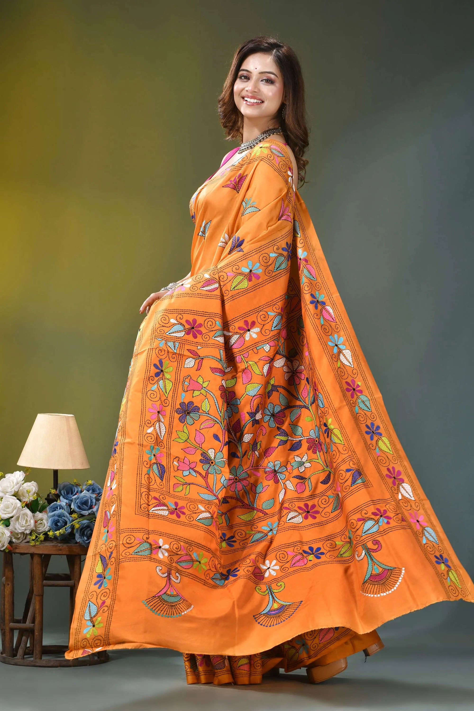 Orange floral design handcrafted kantha silk saree vibrant orange saree intricate multicolored 4