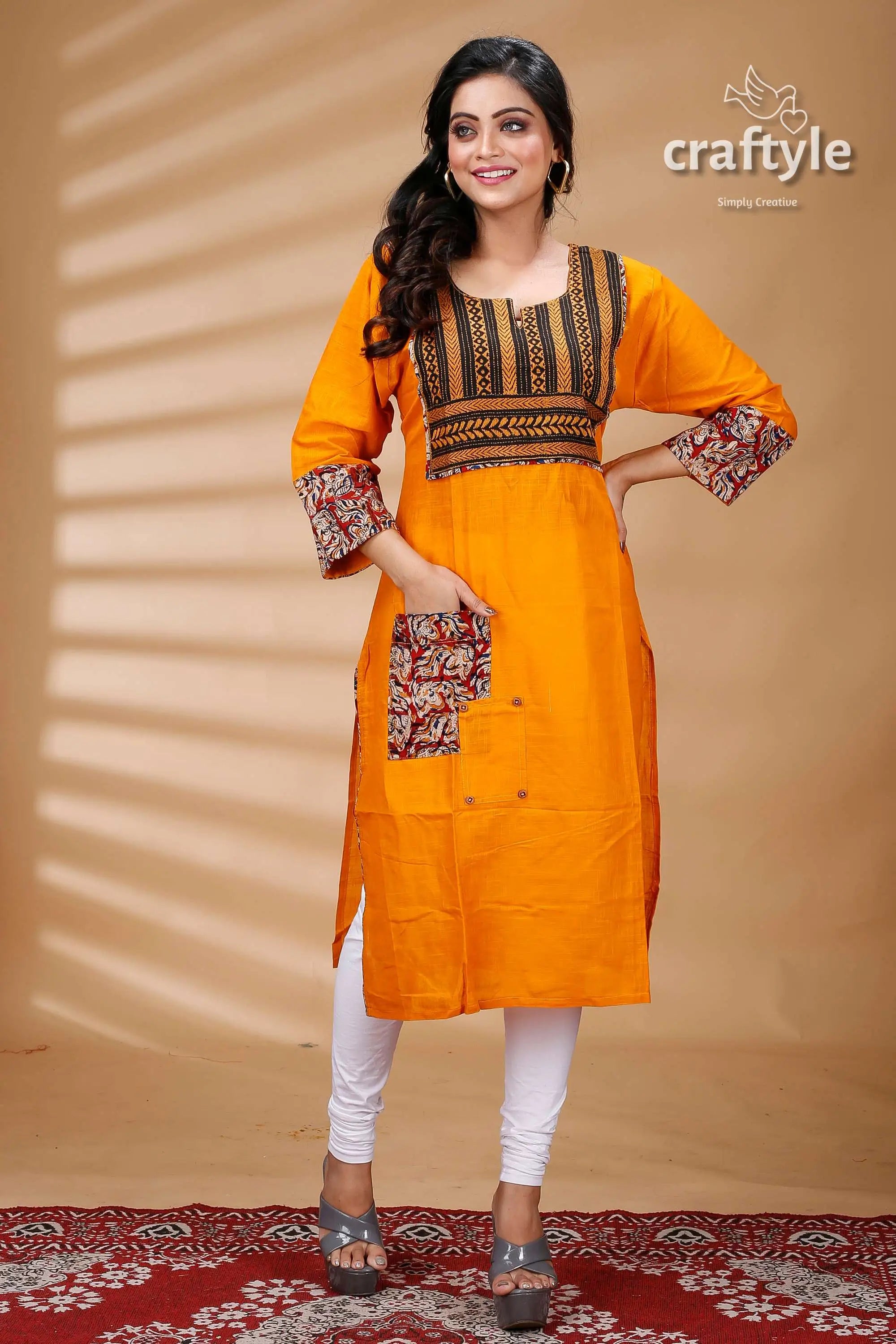 Orange kantha with kalamkari patchwork cotton kurti woman orange kurta patterned accents 2