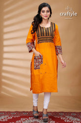 Orange kantha with kalamkari patchwork cotton kurti woman’s orange kurta patterned accents 1