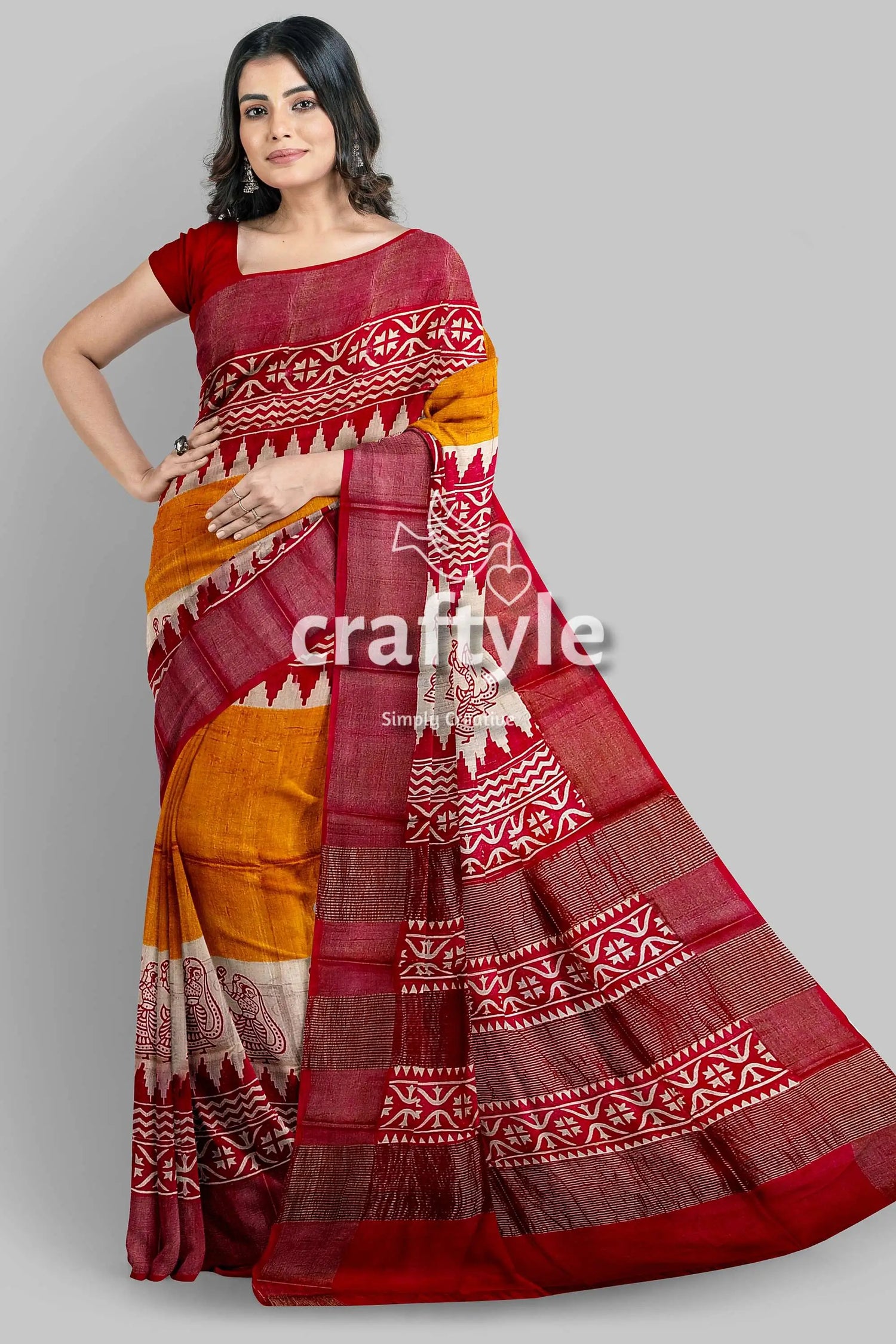 Orange yellow hand block print zari border pure tussar saree woman red yellow saree 5
