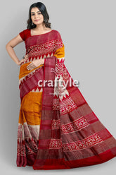 Orange yellow hand block print zari border pure tussar saree woman red yellow saree 5