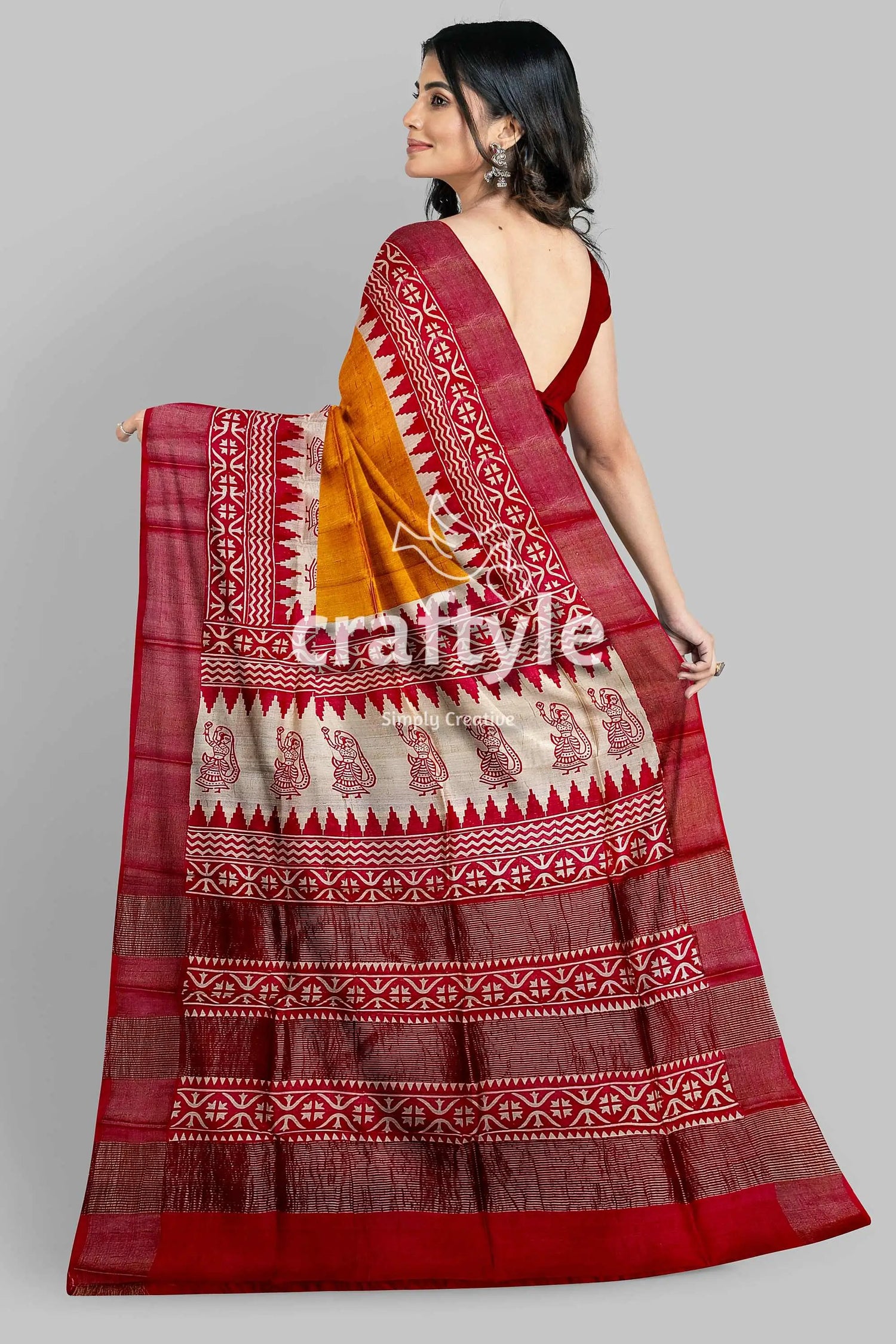 Orange yellow hand block print zari border pure tussar saree woman patterned saree 6