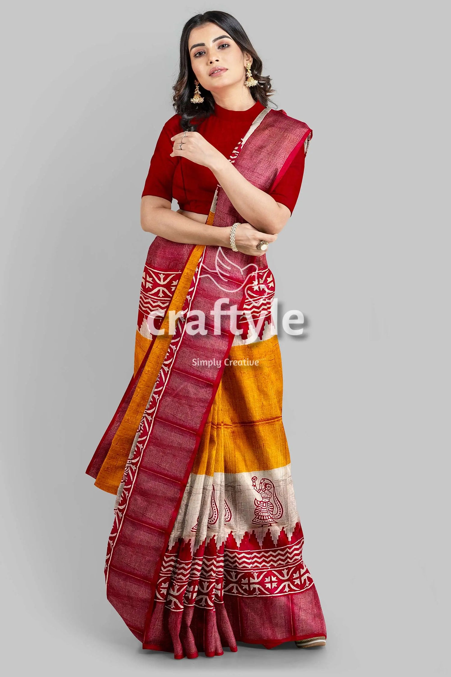 Orange yellow hand block print zari border pure tussar saree woman yellow red saree 4