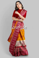 Orange yellow hand block print zari border pure tussar saree woman yellow red saree 4