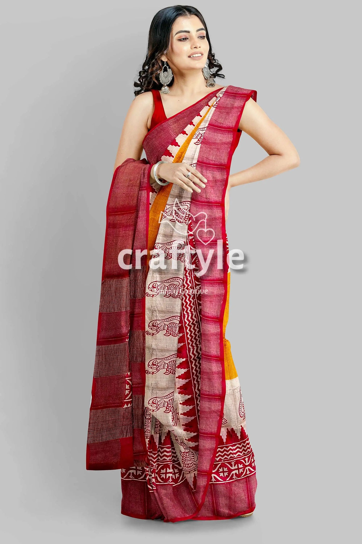 Orange yellow hand block print zari border pure tussar saree woman red yellow white saree 2